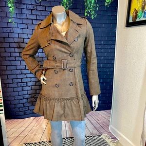 BB Dakota long, brown and black, plaid/houndstooth, ruffled trench coat S